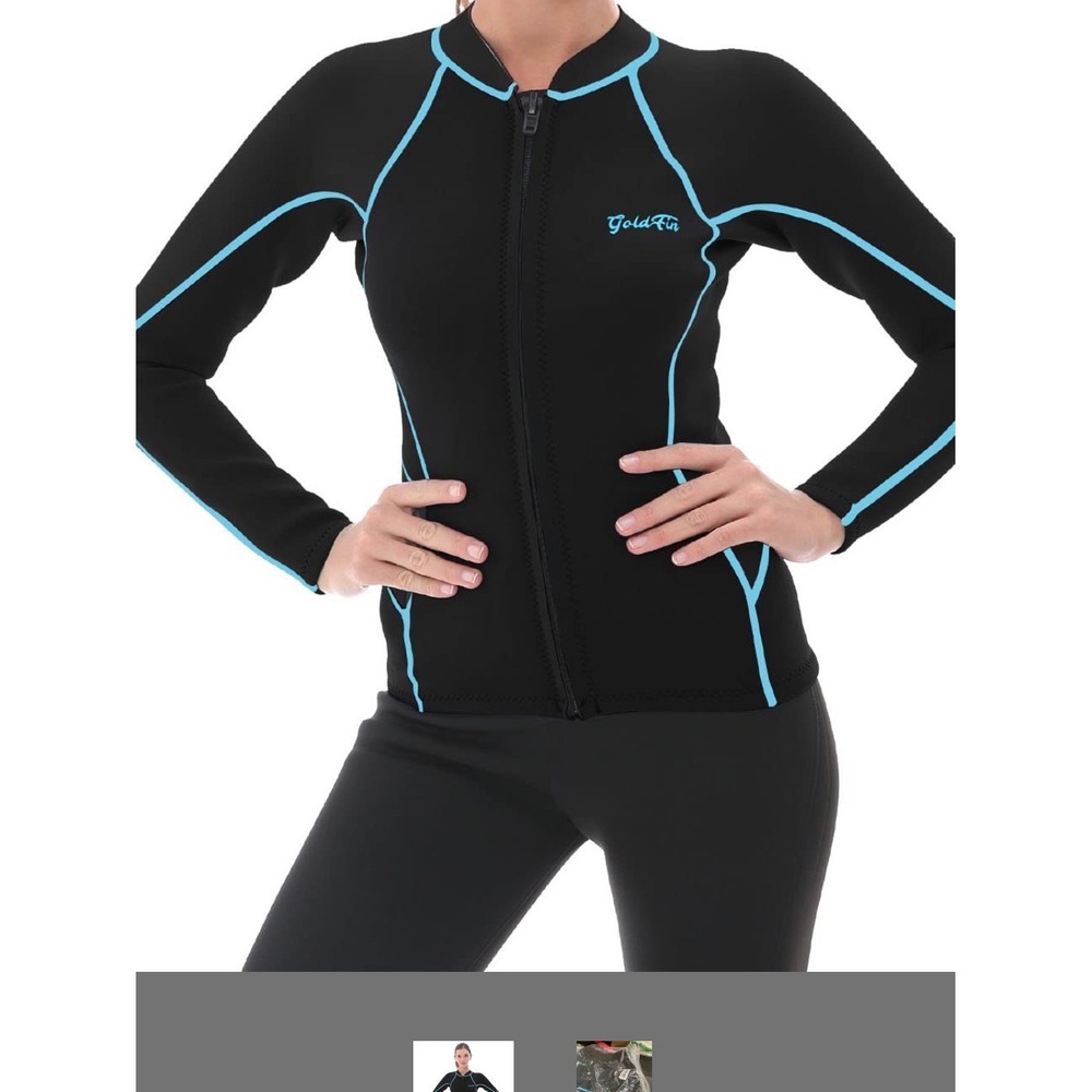 GoldFin 2mm Neoprene Wetsuit Top Jacket Womens Large Black Blue Excellent Zip Up